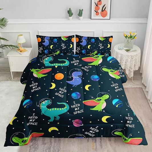 Dinosaur Space Dinos Comforter Bedding Set for Boys Kids Children, Celestial Bodies Colorful Dinosaur Print, 3PCS (1 Full Comforter, 2 Pillowcases), Green, Blue, Purple, Full 80x90inches