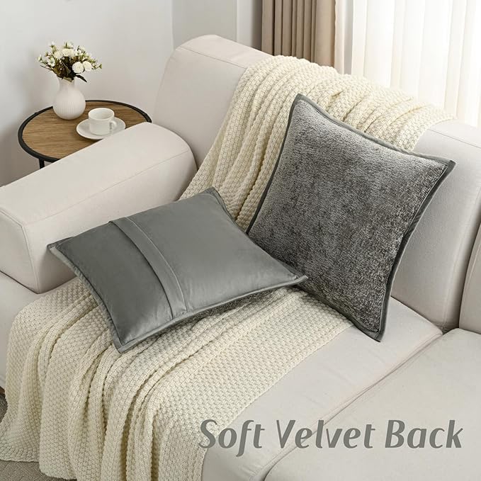 FUTEI Grey Chenille Throw Pillow Covers 26x26 Inch Set of 2,Soft Cozy Bound Edge Design Euro Pillow Sham,Home Decor for Couch Bed Living Room