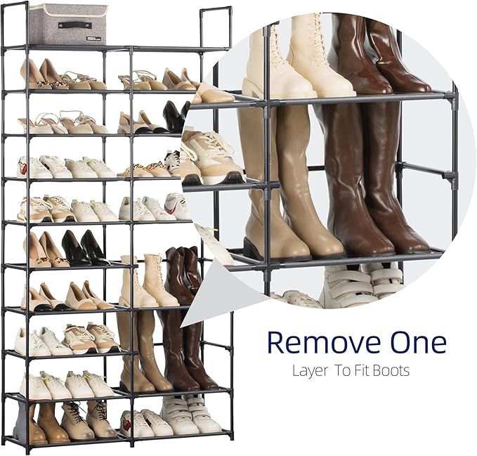 10 Tiers Shoe Rack, 30-40 Pairs Large Shoe Organizer, Sturdy Shoe Storage, Space Saving Tall Metal Shoe Shelf, Stackable Shoe Rack for Closet, Entryway, Bedroom, Black