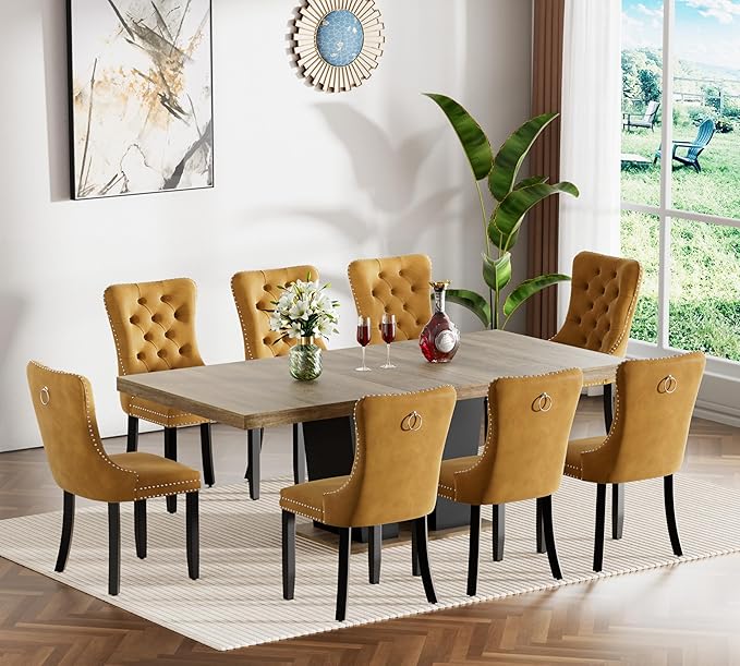 Goujxcy 9-Piece Extendable Dining Table Set for 6-8 People 63-78 Inch Kitchen Table Set with 8 Velvet Upholstered Chairs Farmhouse Rectangular Dining Room Table Set for Kitchen Dining Room Apartment