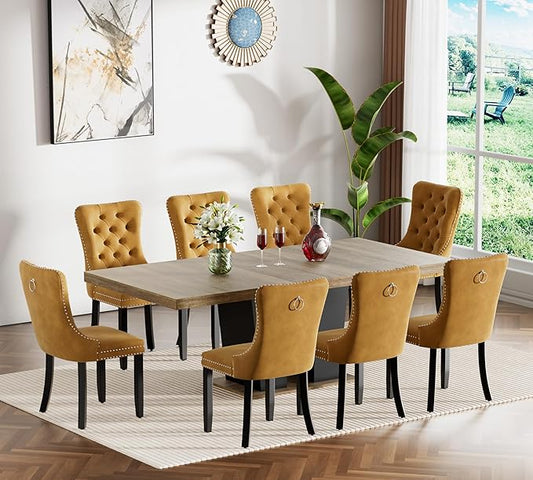 Goujxcy 9-Piece Extendable Dining Table Set for 6-8 People 63-78 Inch Kitchen Table Set with 8 Velvet Upholstered Chairs Farmhouse Rectangular Dining Room Table Set for Kitchen Dining Room Apartment