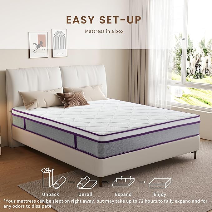 Queen Hybrid Mattress, 10 Inch Memory Foam Mattresses with Gel Memory Foam & Zoned Pocket Coils, Pressure Relief, Motion Isolation, Soft & Breathable Queen Mattress in a Box, Edge Support