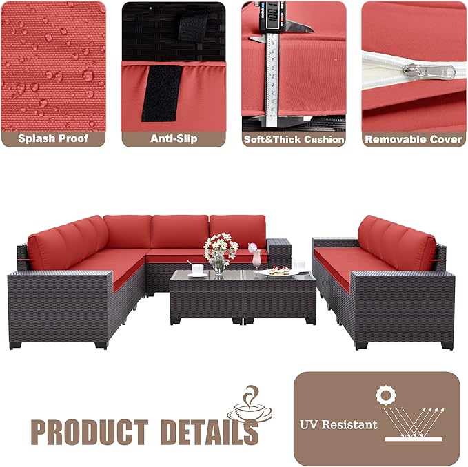 Kurapika 12 Pieces Patio Furniture Set, Rattan Wicker Outdoor Conversation Sets w/4 Inch Cushion and Glass Coffee Table(Red)