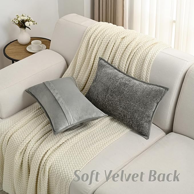 FUTEI Grey Chenille Throw Pillow Covers 12x20 Inch Set of 2,Soft Cozy Bound Edge Design Lumbar Pillow Cases,Home Decor for Couch Bed Living Room