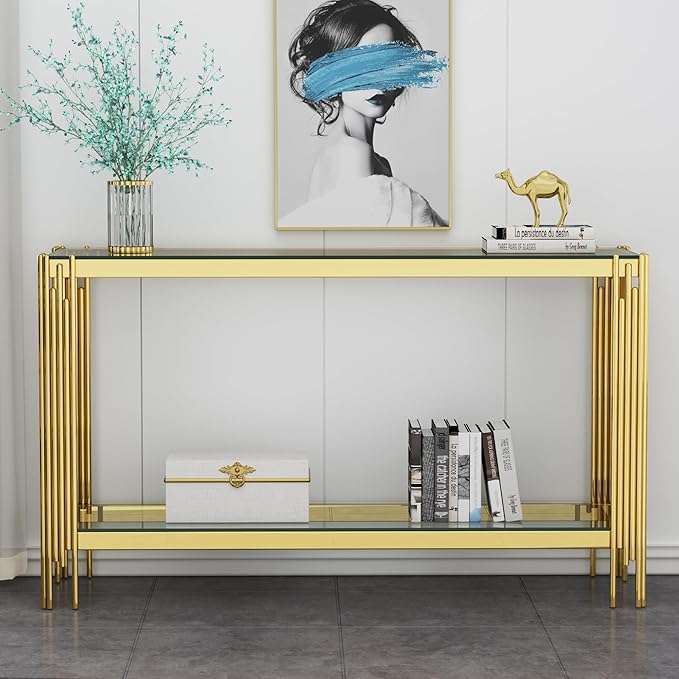 Goujxcy Modern Glass Console Table 55" Gold Entryway Table with Tempered Glass Top and Mirror Finish Stainless Steel Legs, Luxury Rectangular Sofa Table for Living Room Hallway Corridor Table (Gold)