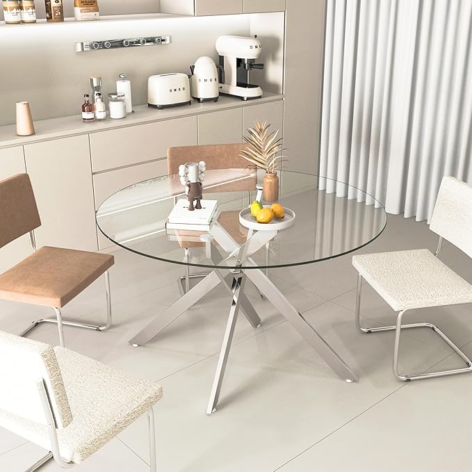 47.24" Round Glass Dining Table Modern Kitchen Glass Top Table for 6 with Silver Metal Legs, Clear Dining Table Kitchen Table for Home Office Dining Room