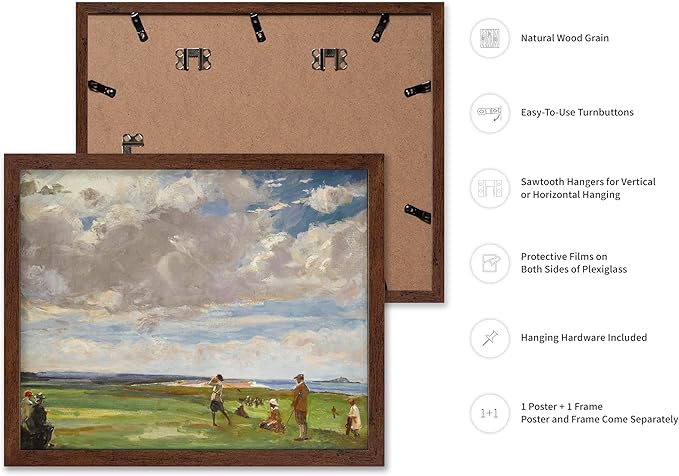 Poster Master Vintage Lady Astor Playing Golf at North Berwick Painting Poster - Retro Golf Course Print - Golf Art - Sports Art - Landscape Art - Office or Living Room Decor, 11x14 Brown Framed