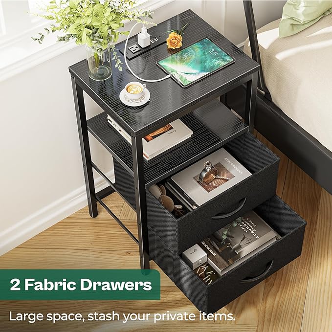 Huuger Nightstands Set of 2, End Tables with Charging Station, Side Tables with Fabric Drawers, Bedside Tables with USB Ports and Outlets, Night Stands for Bedroom, Black