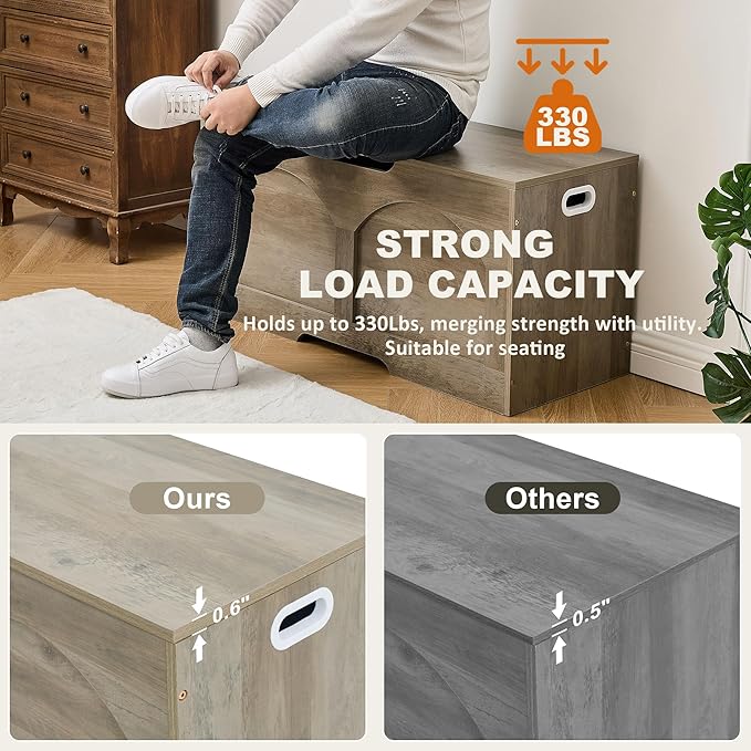 Storage Bench, 39.4" Retro Wooden Storage Chest Trunk, Large Toy Chest with Lift Top, Toy Box U-Shaped Opening, 39.4" x 15.7" x 18.3", Supports 330 lb, Entryway Bench for Living Room, Grey