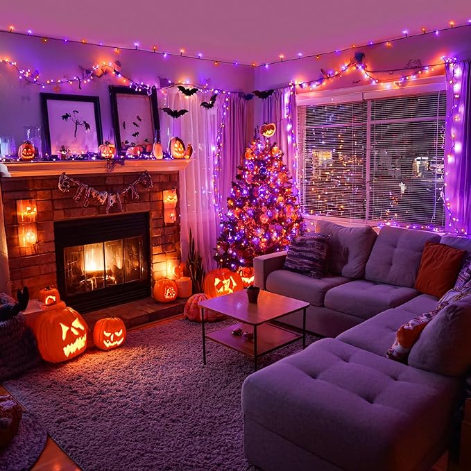 JMEXSUSS Orange and Purple Halloween Lights: 132ft 400 LED String Lights Plug in - Halloween Lights Indoor Outdoor for Yard Tree Porch