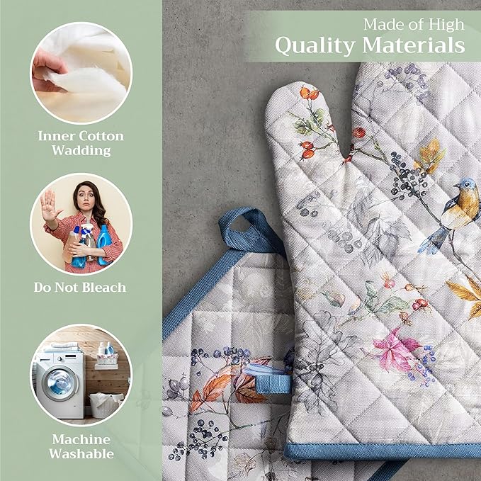 Maison d' Hermine 100% Cotton Oven Mitt & Pot Holder Set (7.5"x13" & 8"x8") Heat Resistant BBQ Cooking Gloves with Loop for Thanksgiving Christmas Decorations Handling Hot Pans (Equinoxe - Grey)