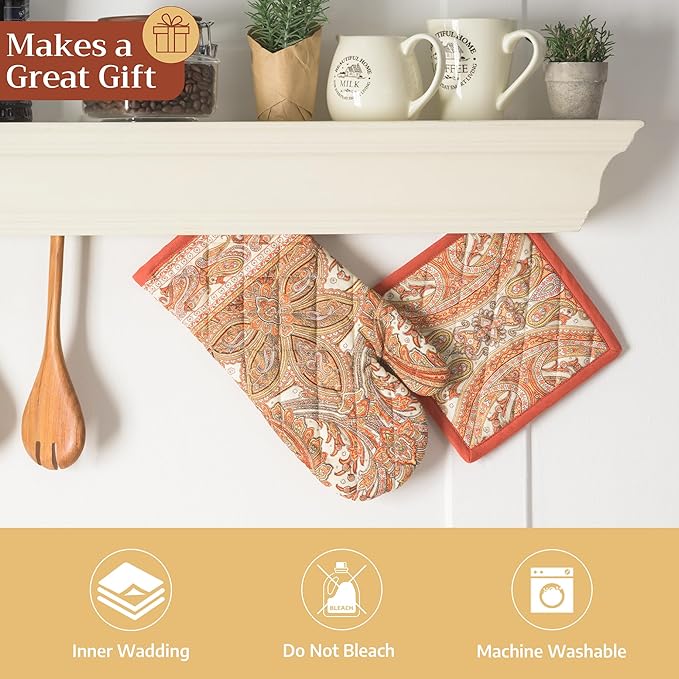 Maison d' Hermine Oven Gloves 100% Cotton Oven Mitt 7" x 13" with Loop Heat Resistant BBQ Cooking Gloves for Thanksgiving Christmas Decorations Baking Handling Hot Pans (Pack of 1, Kashmir Paisley)