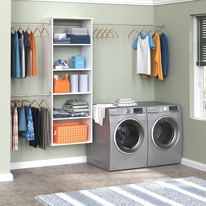 ClosetMaid SuiteSymphony Hanging Tower Organizer with (3) Closet Rods, and (6) Shelves, 81" to 121" W x 71.6" H x 14.6" D, White