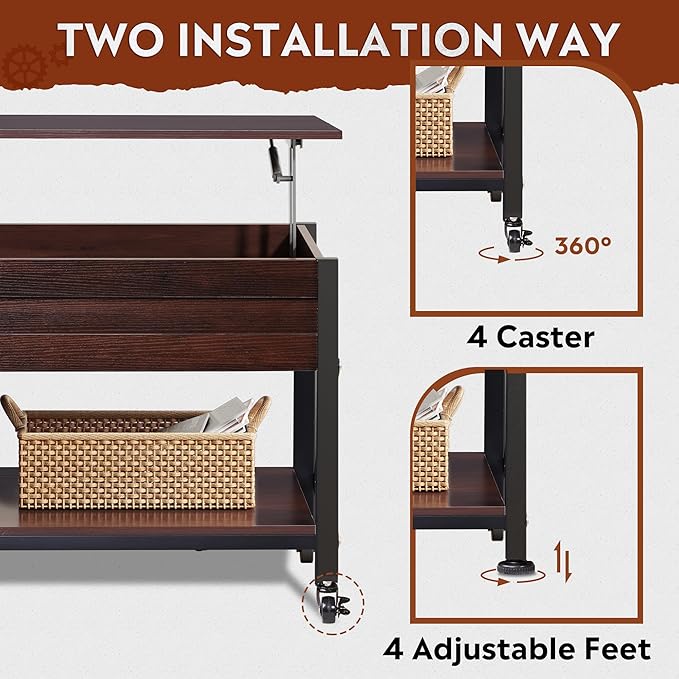 WLIVE Coffee Table, 41.3" Lift Top Coffee Table with 4 Wheels, Hidden Compartment, Storage Shelf and Lift Tabletop for Living Room, Reception Room, Espresso