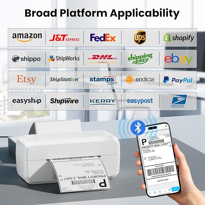 Bluetooth Thermal Label Printer, Shipping Label Printer for 4x6 Shipping Packages & Small Business, Compatible with IOS, Android, Windows and Mac, Widely Used for Ebay, Amazon, Shopify, USPS (White)