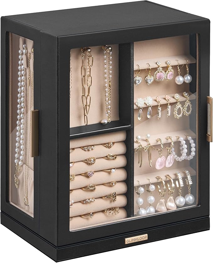 360° Rotating Jewelry Box with 5 Drawers, Spacious Vertical Jewelry Organizer with Glass Window, Jewelry Storage Case, Dustproof & Moisture-resistant Design, Black