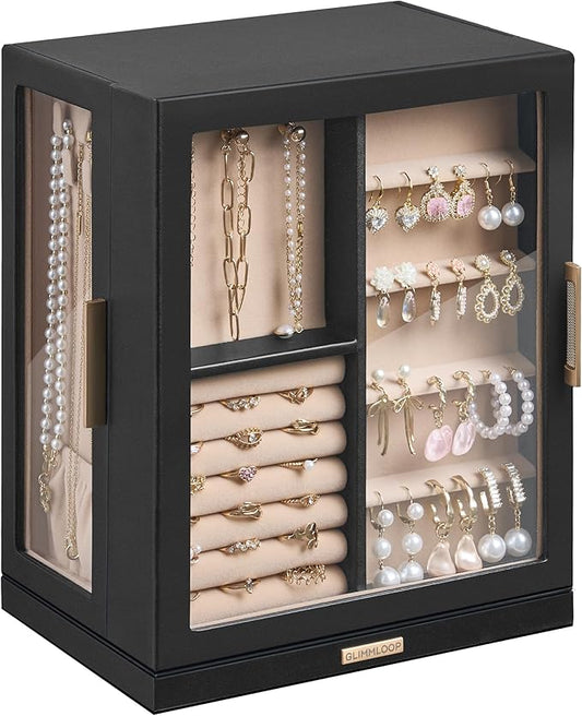 360° Rotating Jewelry Box with 5 Drawers, Spacious Vertical Jewelry Organizer with Glass Window, Jewelry Storage Case, Dustproof & Moisture-resistant Design, Black