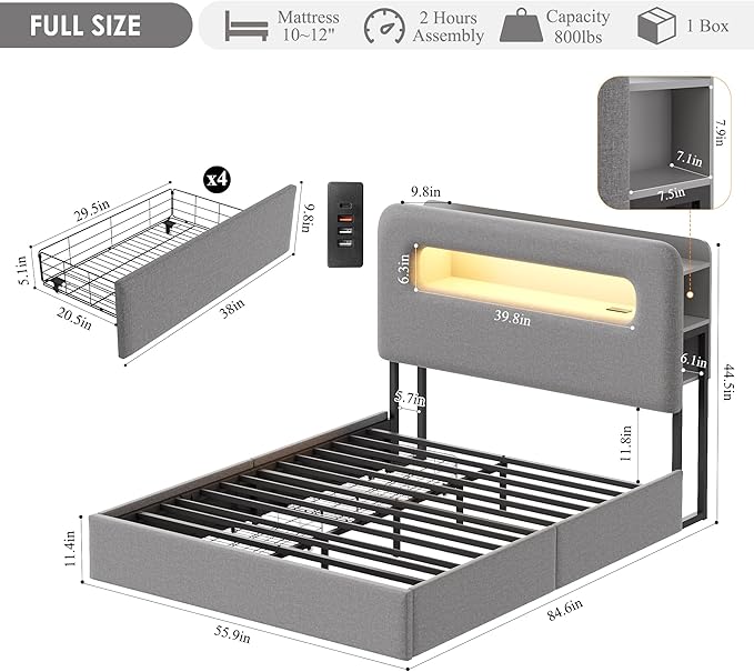 HOSTACK Full LED Bed Frame with Storage Headboard and Charging Station, Boys Bed Frame with 2 Drawers and USB Ports, Velvet Upholstered Platform Bed Frame with Bookcase, No Box Spring Needed, Grey