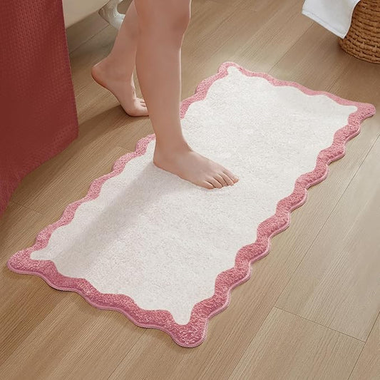 MONDAY MOOSE Bath Mat with Scalloped Wavy Ripple Design, Microfiber Absorbent Non Slip Tufted Rug for Floor, Shower or Kitchen (24x47 inch, Pink)
