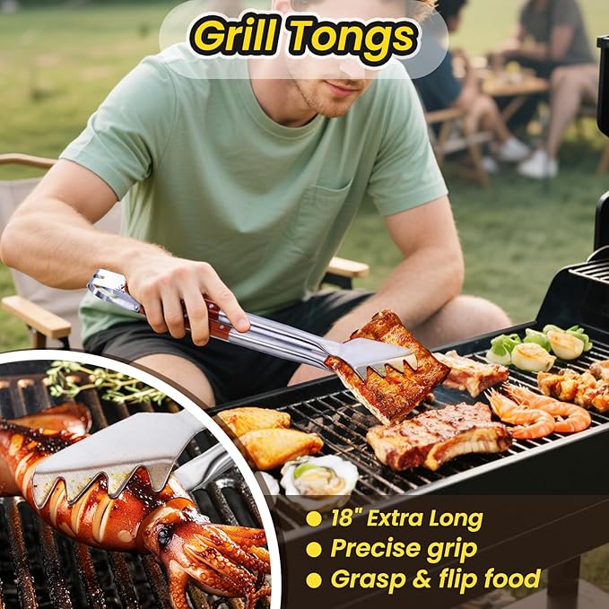 Grilling Accessories - 4Pcs Rose Wooden BBQ Grilling Tools Set, Heavy Duty Stainless Steel Barbecue Grill Tools Kit with Spatula, Clips, Brushes, Forks for Outdoor Grill, BBQ Gift for Men and Women