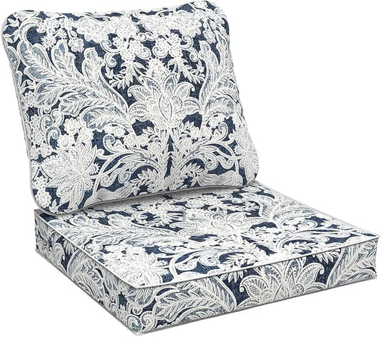 Outdoor Deep Seat Cushions Set 24 x 24 Inch for Patio Furniture,Water Resistant Chair Cushions Replacement Includes Seat Cushion & Back Pillow for Couch Sofa, Wicker Chair - Damask Lapis