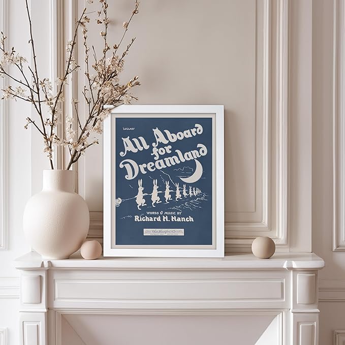 Poster Master All Aboard For Dreamland Poster - Retro Children's Lullaby Print - Story Book Art - Bunny Art - Rabbit Art - Aesthetic Art - Kid's Bedroom or Nursery Wall Decor, 11x14 White Framed