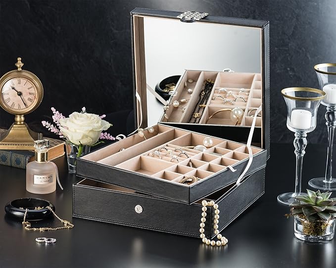 Co 28 Section Jewelry Box - 2 Layer - Buckle Snap & Magnet Closure - Large Mirror - Pu Leather - Black - Jewelry Organizer for Women & Girls - Holder for Earring Ring Necklace & Bracelet