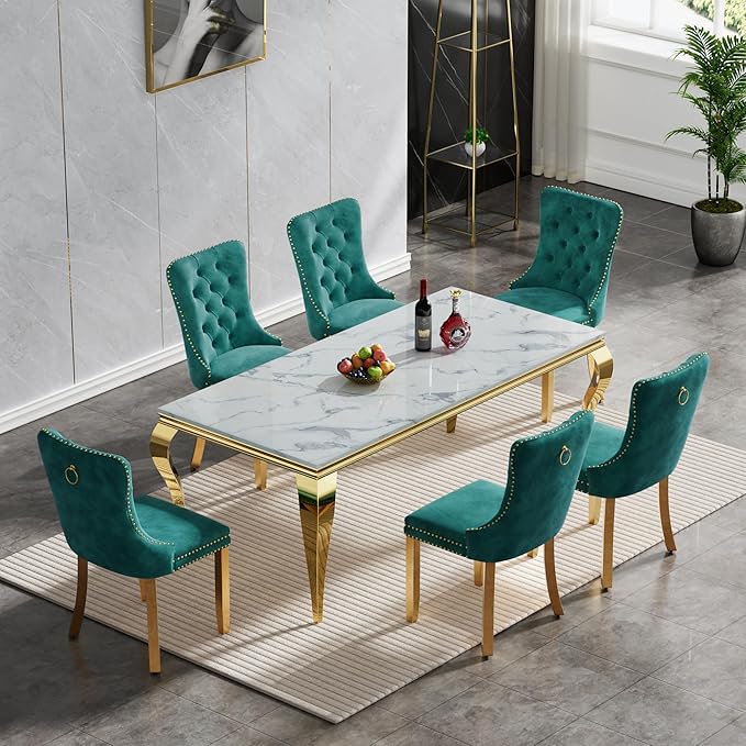 70" Marble Dining Table Set for 6, Modern 7 Piece Dining Room Table Set with White Faux Marble Dining Table & 6 Green Velvet Upholstered Chairs, Luxury Gold Kitchen Table Chairs Set of 6