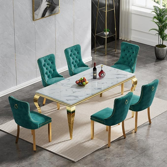 70" Marble Dining Table Set for 6, Modern 7 Piece Dining Room Table Set with White Faux Marble Dining Table & 6 Green Velvet Upholstered Chairs, Luxury Gold Kitchen Table Chairs Set of 6