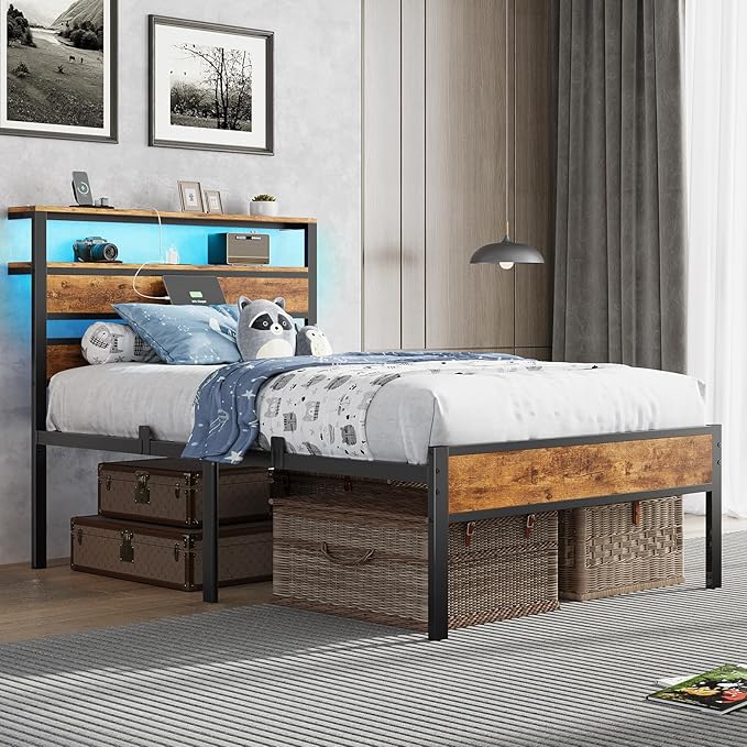 Hasuit Twin Bed Frame with Headboard LED Lights, Twin Size Bed with Charging Station 2-Tier Storage Shelves, Metal Platform Bed with Heavy Duty Slat, Fast Assembly, No Box Spring Needed, Noise Free