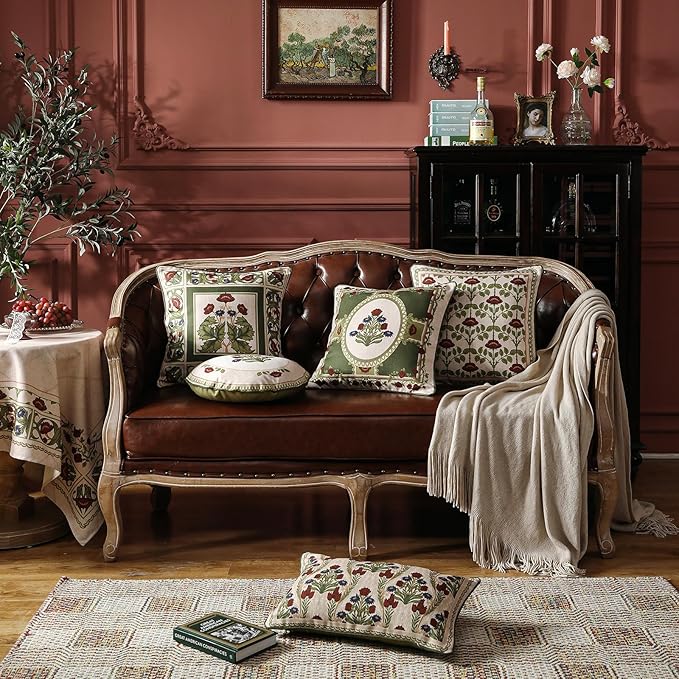 Design Linen Square Throw Pillow Covers 18"x18" Pack of 2, Yellow Green French Cushion Covers with Red Rose Floral Pattern Decoration Pillowcases for Bed, Living Room, Outdoor, Car