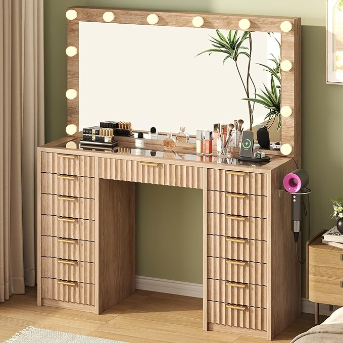 15 Drawers Fluted Vanity Desk with Glass Top, 47" Makeup Vanity with Large Mirror and 12 LED Lights, Dressing Table with Power Outlet for Bedroom, Natural