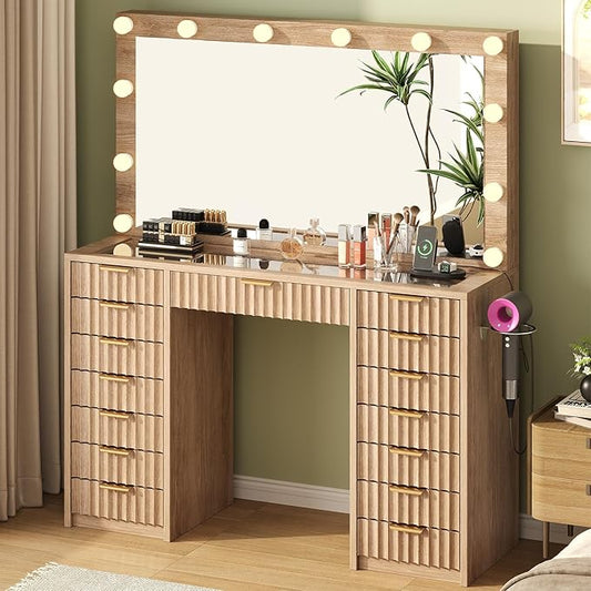 15 Drawers Fluted Vanity Desk with Glass Top, 47" Makeup Vanity with Large Mirror and 12 LED Lights, Dressing Table with Power Outlet for Bedroom, Natural