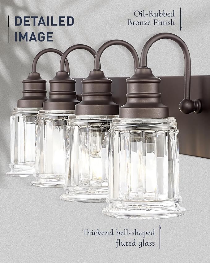 Bathroom Vanity Light - HWH 4-Light Vanity Lights for Bathroom Wall Mounted Light Fixtures Over Mirror, Oil Rubbed Bronze Vanity Light with Bell-Shaped Clear Glass, 5HZG106B-4W ORB