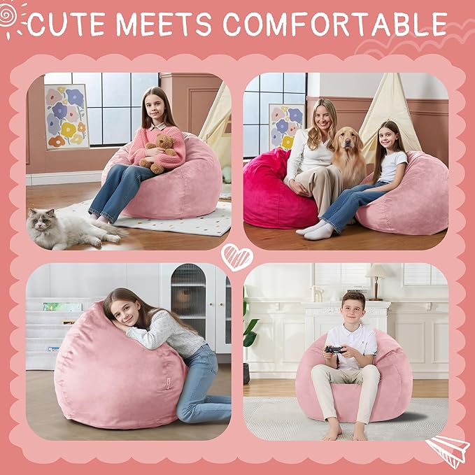 2FT Bean Bag Chair with Ultra Soft Velvet Cover Bean Bag Sofa with Memory Foam Bean Bag Chairs with Large Size Lazy Sofa for Dorm Office Living Room Bedroom Light Pink 2'