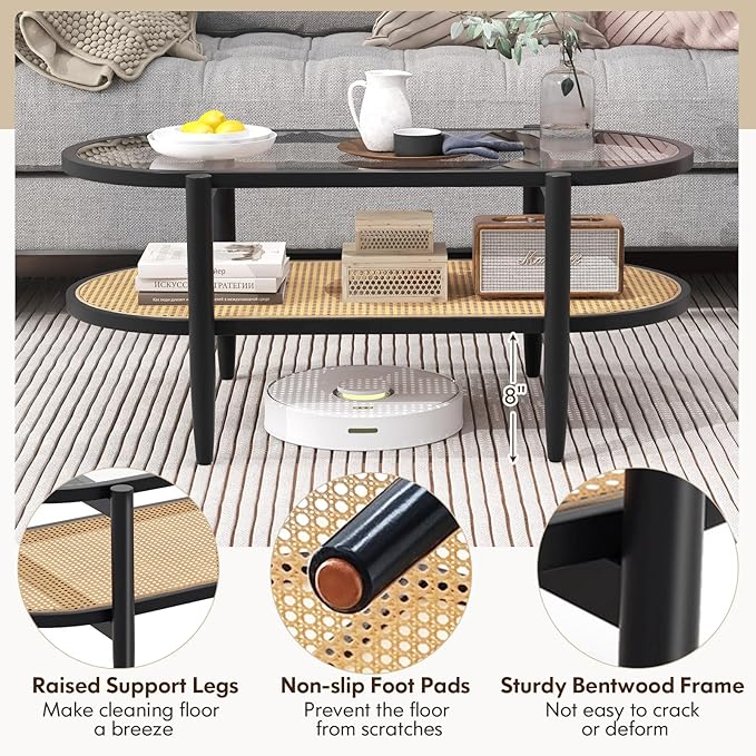 MAT EXPERT Rattan Coffee Table, 2 Tier Boho Oval Living Room Table w/Glass Tabletop Wood Frame & Storage Shelf, 40’’L Mid Century Modern Tea Table, Center Table for Living Room Home Office, Black