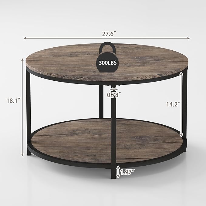 Round Coffee Table, Rustic Wooden Surface Top & Sturdy Metal Legs Industrial Sofa Table for Living Room Modern Design Home Furniture with Storage Open Shelf (Walnut, 27.6 in)