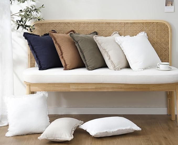 Foindtower Set of 2 Decorative Linen Fringe Throw Pillow Covers Cozy Boho Farmhouse Cushion Cover with Tassels Soft Accent Pillowcase for Couch Sofa Bed Living Room Home Decor,24×24 Inch,White
