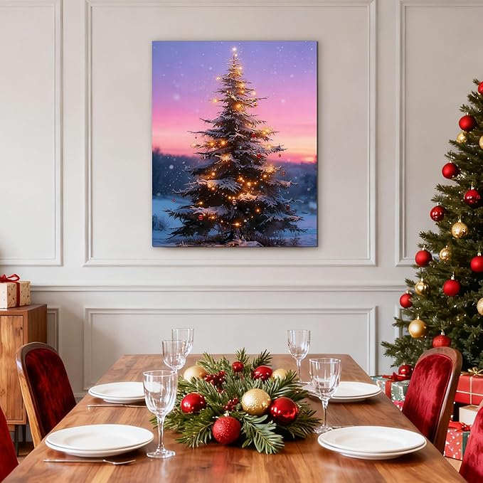 Framed Christmas Pictures Wall Decor,Vintage Pine Tree Prints,Winter Christmas Canvas Wall Art Decoration for Bedroom Bathroom Living Room Rustic Xmas Holiday Gifts (Christmas Tree 12, 11'' X 14'')