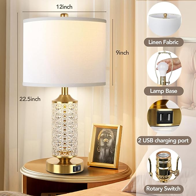 QiMH Set of 2 Table Lamps with USB Ports, Modern Bedside Lamp with LED Night Light for Bedroom, Nightstand Lamps for Living Room Office (Gold)(2 Bulbs Include)
