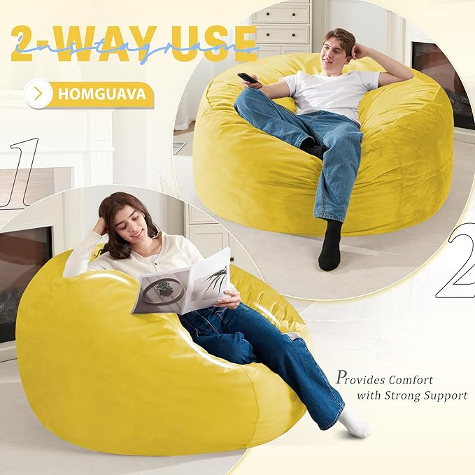 Homguava 4 FT Bean Bag Chair: 4' Bean Bags with Memory Foam Filled, Large Beanbag Chairs Soft Sofa with Dutch Velvet Cover-Mustard