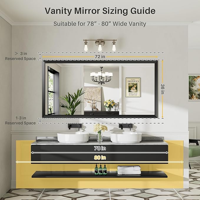 72x36 Inch Black Bathroom Mirror for Wall, Thick Metal Framed Rectangle Mirrors for Over Sink, Bedroom, Living Room, Entryway, Anti-Rust, HD Tempered Glass