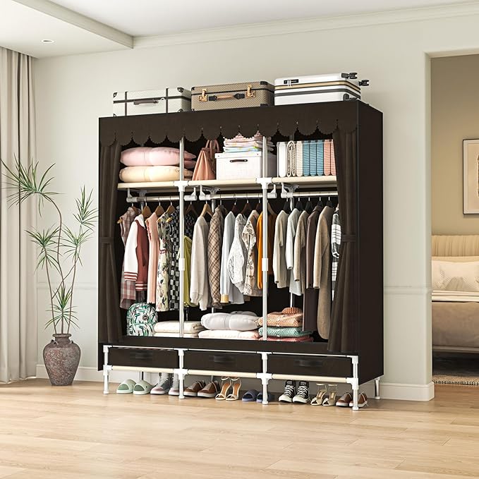 Portable Amories Closet Wardrobe with Non Woven Fabric Cover,59 Inch Large Metal Clothes Rack Storage Closet with 3 Hanging Rods,3 Drawers and 3 Storage Shelves,Brown,for Small Room