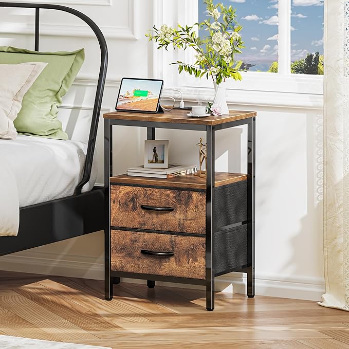 Huuger Nightstands Set of 2, End Tables with Charging Station, Fabric Drawers, Bedside Tables with USB Ports and Outlets, Night Stands for Bedroom, Rustic Brown