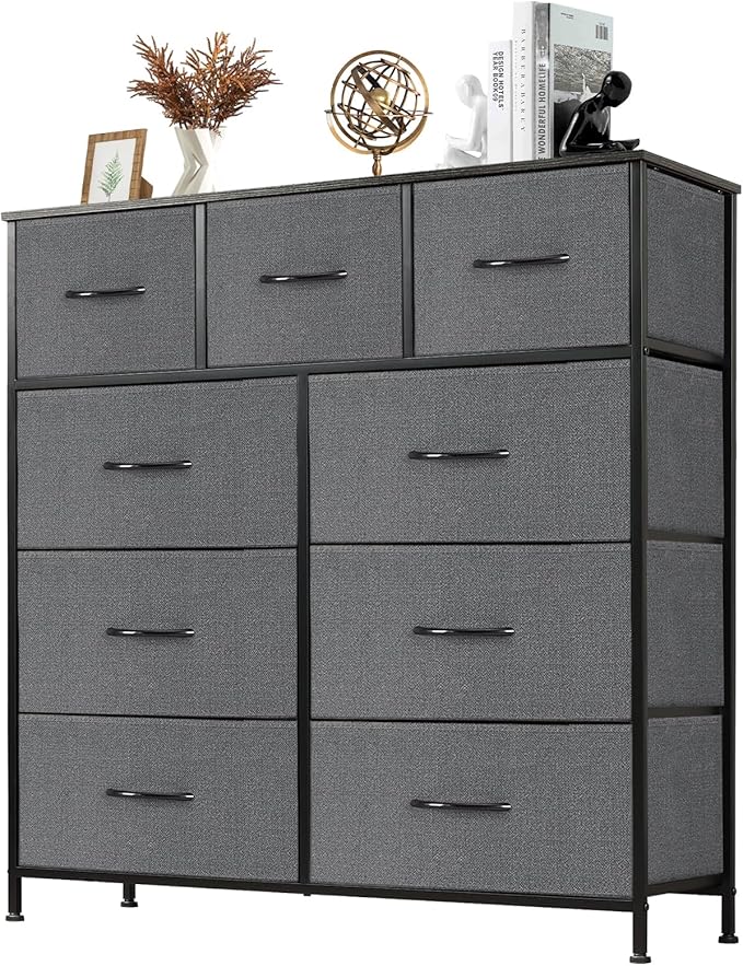 Sweetcrispy Dresser with 9 Drawers for Bedroom, Fabric Dresser Storage Tower, Chest of Drawers Organizer Unit, Storage Cabinet for Hallway, Closets, Steel Frame, Wood Top, Modern Grey