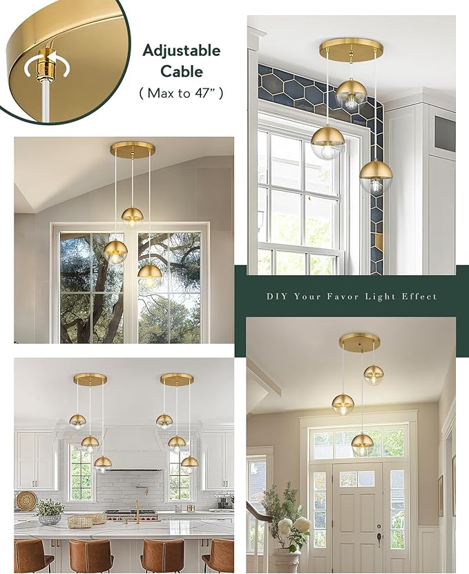 LMS Brushed Gold 3-Light Cluster Pendant Lights, Modern Kitchen Island Lighting with Clear Globe Glass Shade, Adjustable Hanging Cord Ceiling Light for Home Office Bathroom Dining Room, LMS-186BGC3