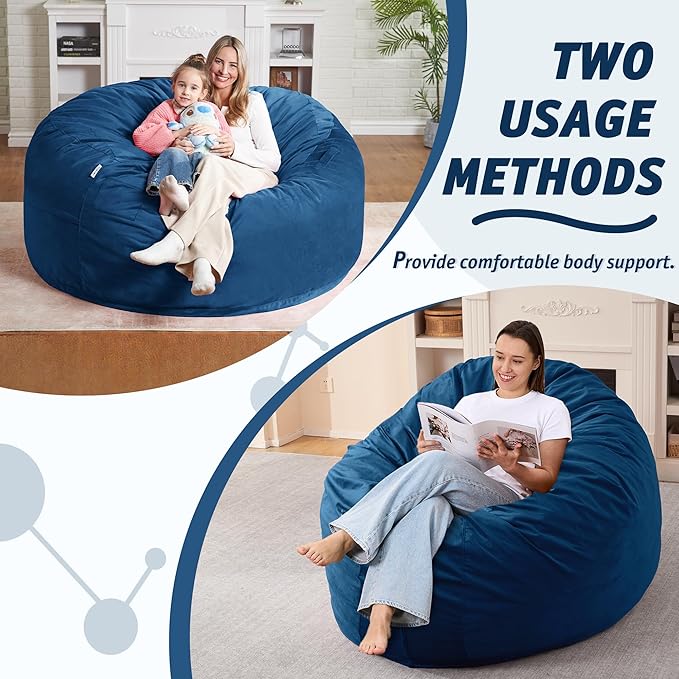 5FT Bean Bag Chair with Ultra Soft Velvet Cover Bean Bag Sofa with Memory Foam Bean Bag Chairs with Large Size Lazy Sofa for Dorm Office Living Room Bedroom Blue 5'