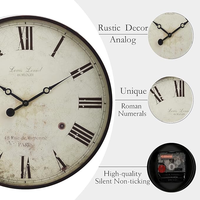 Large Farmhouse Wall Clock,20 inch Rustic Roman Numeral Big Wall Clock for Living Room, Kitchen, Living Room, Bedroom,Battery Operated, Dark White