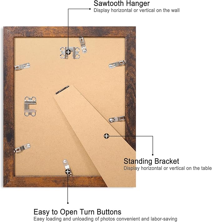 8x10 Picture Frame Set of 4, High Definition Glass 8 x 10 Frame, Wood Rustic Photo Frames for Horizontal or Vertical Display Tabletop and Wall Mounting, Dark Brown