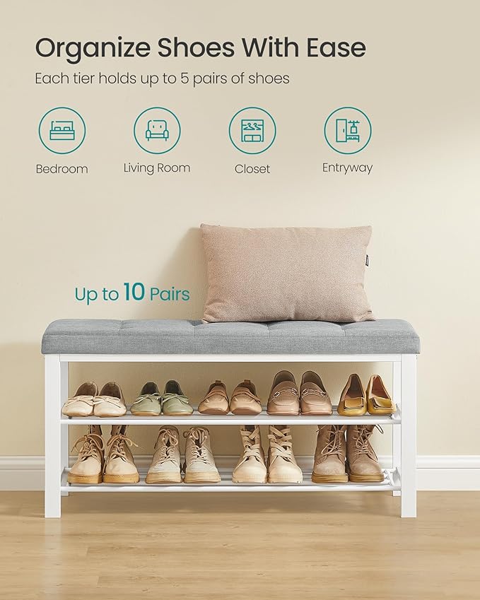 SONGMICS Shoe Bench, Storage Bench, Entryway Bench with Cushion, Shoe Shelf with Seat, Space-Saving, Modern Style, for Living Room, Bedroom, Hallway, Dove Gray and Cloud White ULBS579W01